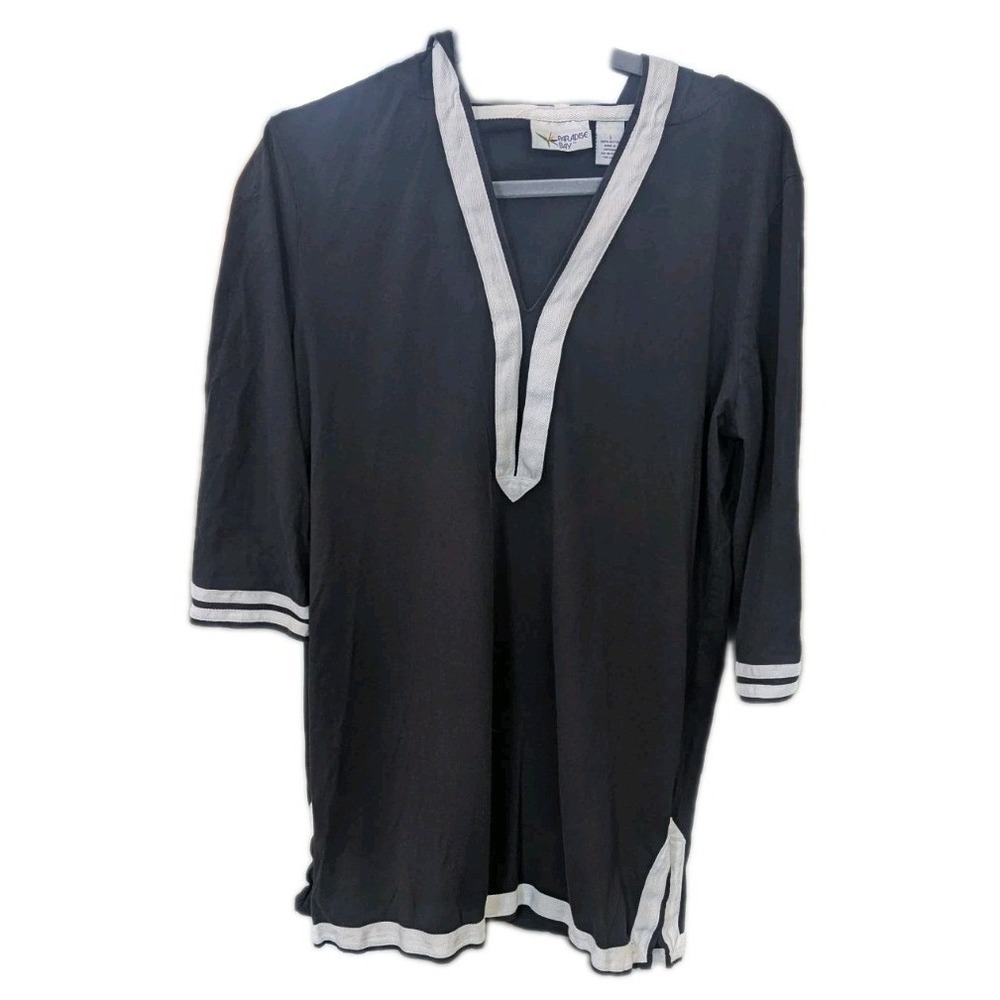 Paradise Bay L Navy Blue Coverup Dresa Hooded White Trim Nautical Timeless Beach